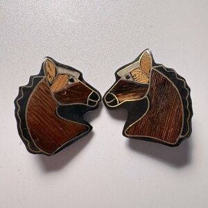 Vintage Enamel Earrings STALLION Horse brass Inlay wood clip on